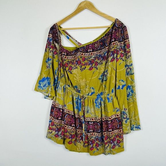 Free People Dresses & Skirts - Free People Green Floral Boho Off Shoulder Blouson Mini Dress Womens Medium